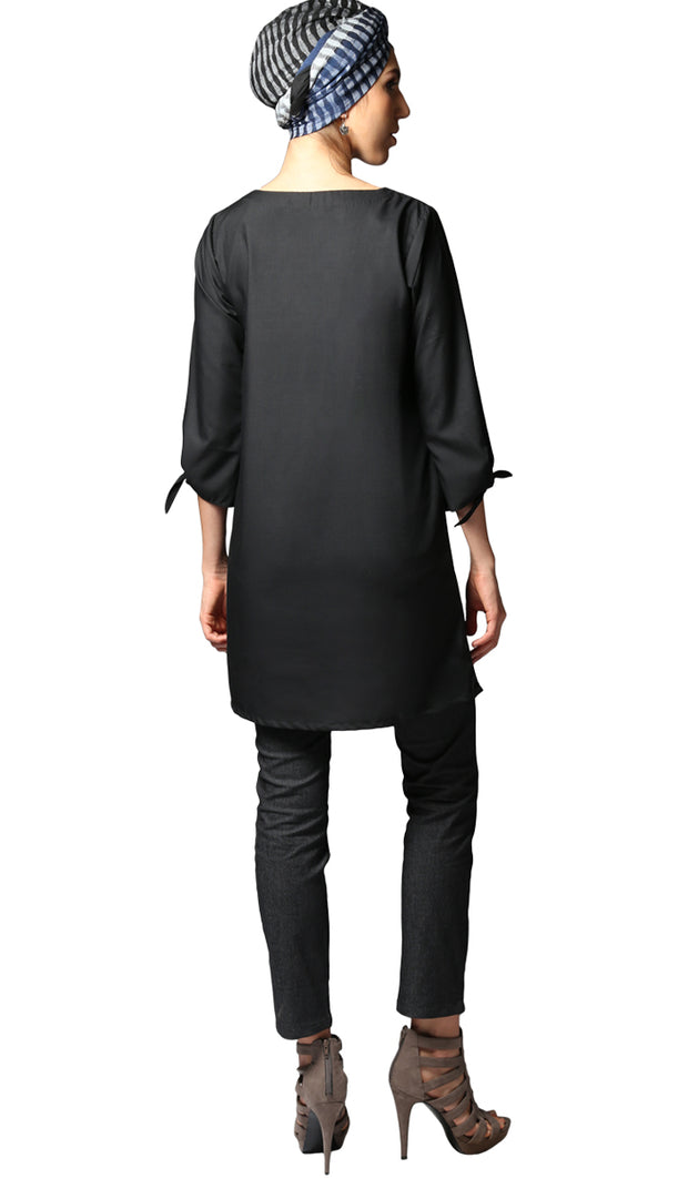 Asfa Long Modest Tunic with Tie Sleeves - Black