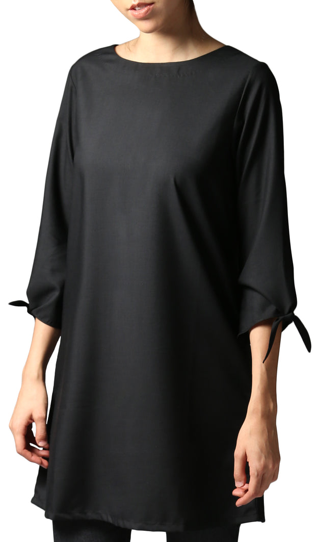 Asfa Long Modest Tunic with Tie Sleeves - Black