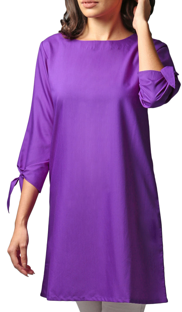 Asfa Long Modest Tunic with Tie Sleeves - Purple