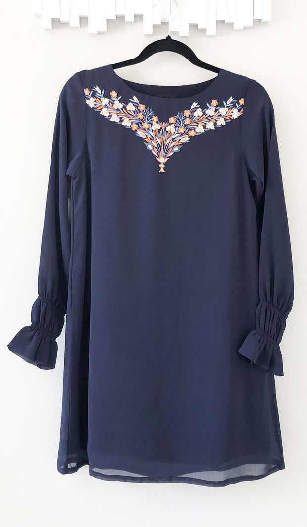 Tunique longue modeste brodée Asma - Bleu Gris - Vente Finale