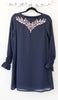 Asma Embroidered Long Modest Tunic - Blue Gray - FINAL SALE