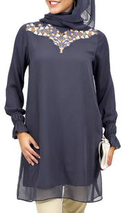 Asma Embroidered Formal Long Modest Tunic - Black
