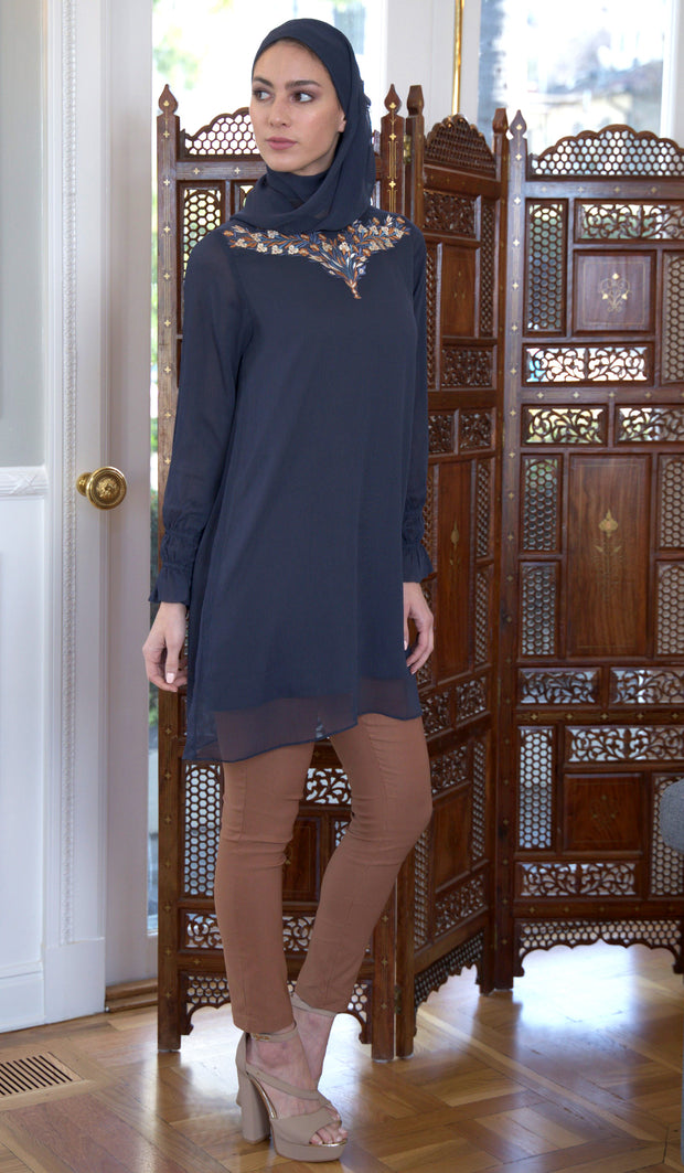 Asma Embroidered Long Modest Tunic - Black