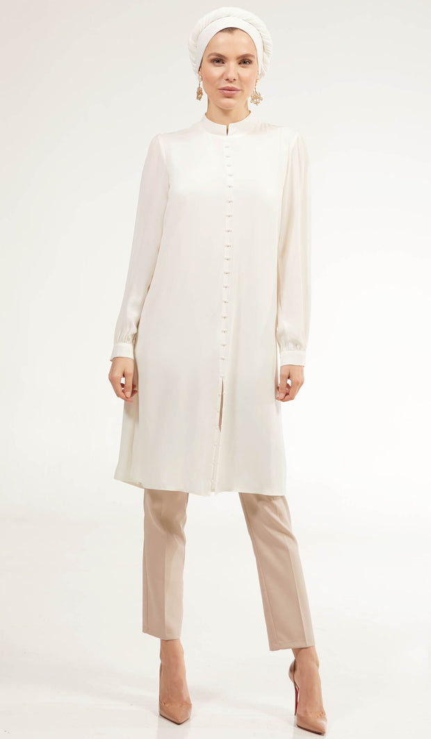 Ava Dressy Long Modest Midi Tunic - Off-White