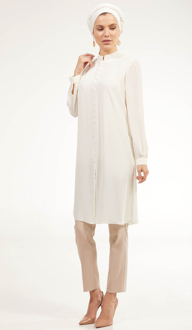 Ava Dressy Long Modest Midi Tunic - Off-White