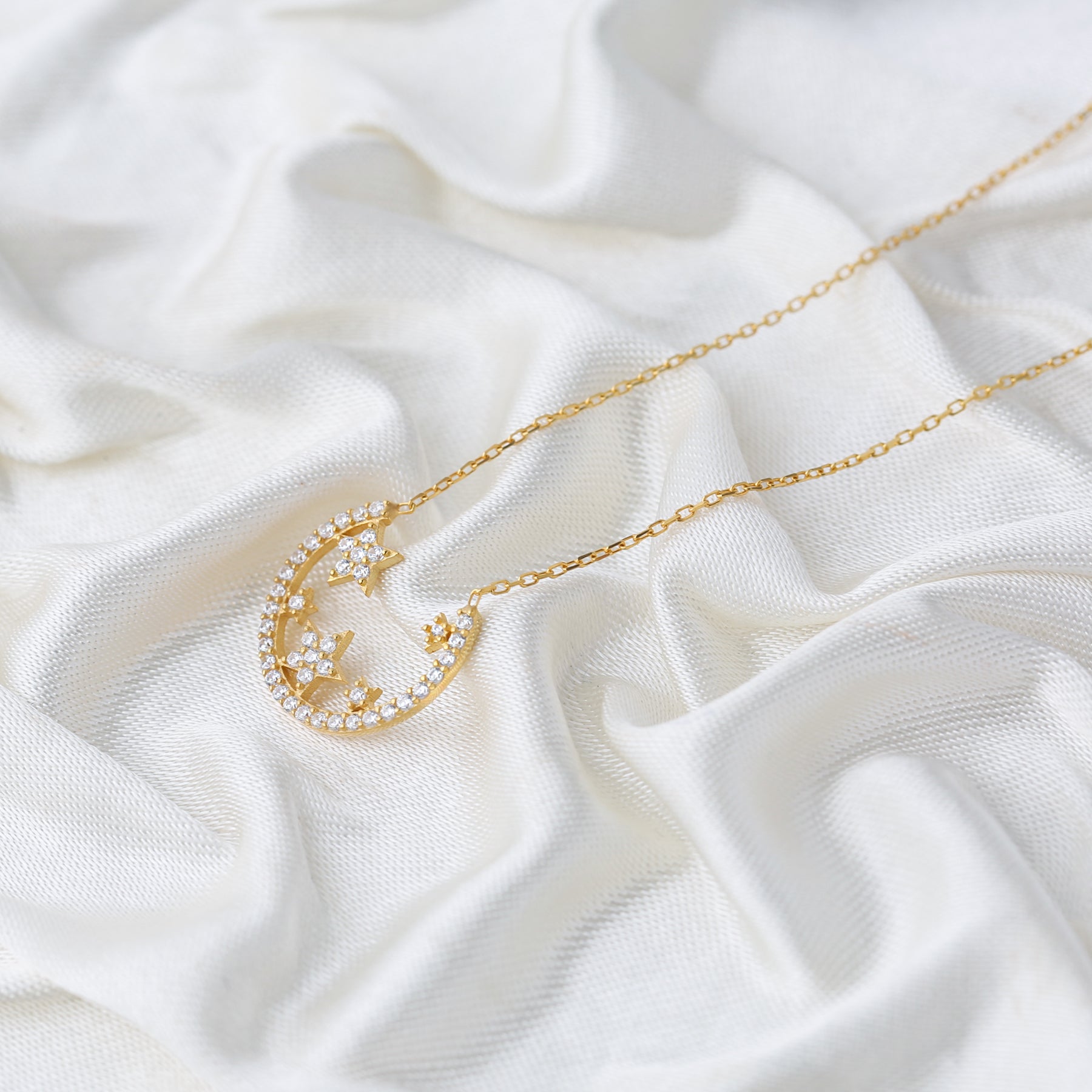 Ayn Gold plated Sterling Silver Crescent Moon and Star Necklace