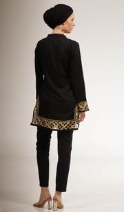 Behnaz Gold Embellished Long Modest Tunic - Black
