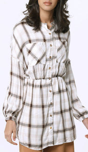 Dina Long Plaid Ruffle Sleeve Tunic Dress - Off White - FINAL SALE