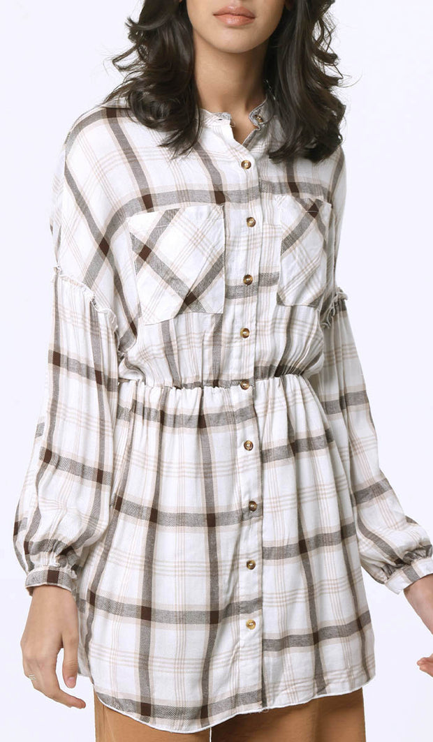 Dina Long Plaid Ruffle Sleeve Tunic Dress - Off White - FINAL SALE