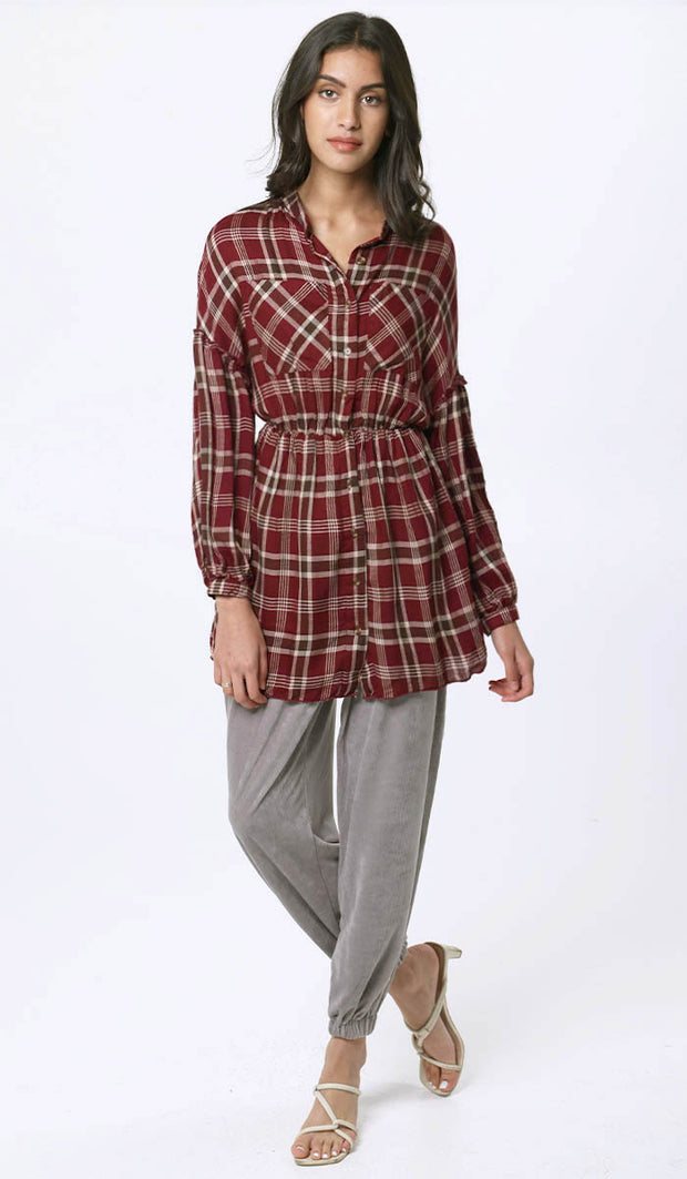 Dina Long Plaid Ruffle Sleeve Tunic Dress - Maroon - FINAL SALE