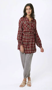 Dina Long Plaid Ruffle Sleeve Tunic Dress - Maroon - FINAL SALE