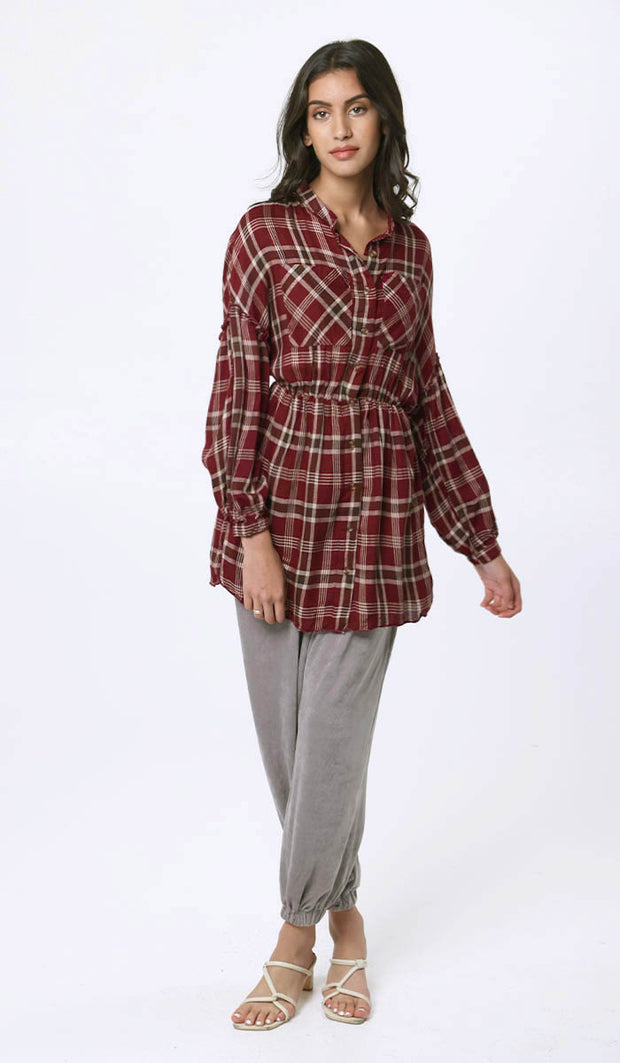 Dina Long Plaid Ruffle Sleeve Tunic Dress - Maroon - FINAL SALE