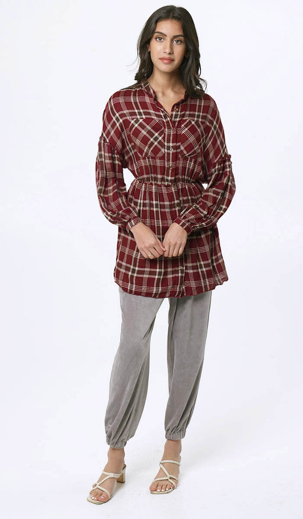Dina Long Plaid Ruffle Sleeve Tunic Dress - Maroon - FINAL SALE