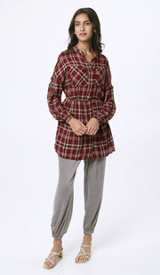 Dina Long Plaid Ruffle Sleeve Tunic Dress - Maroon - FINAL SALE