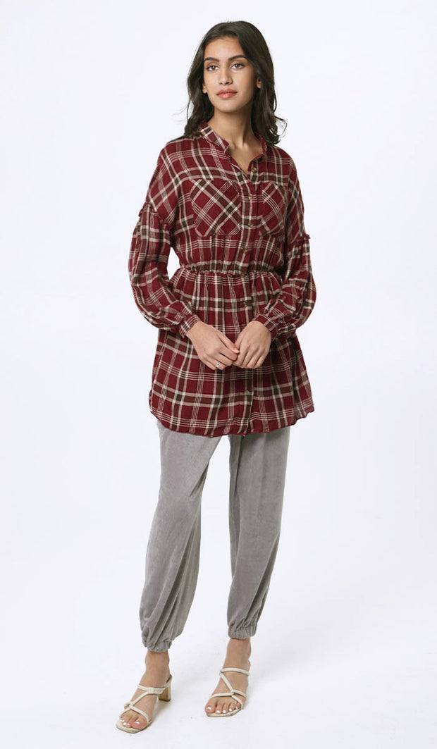 Dina Long Plaid Ruffle Sleeve Tunic Dress - Maroon - FINAL SALE