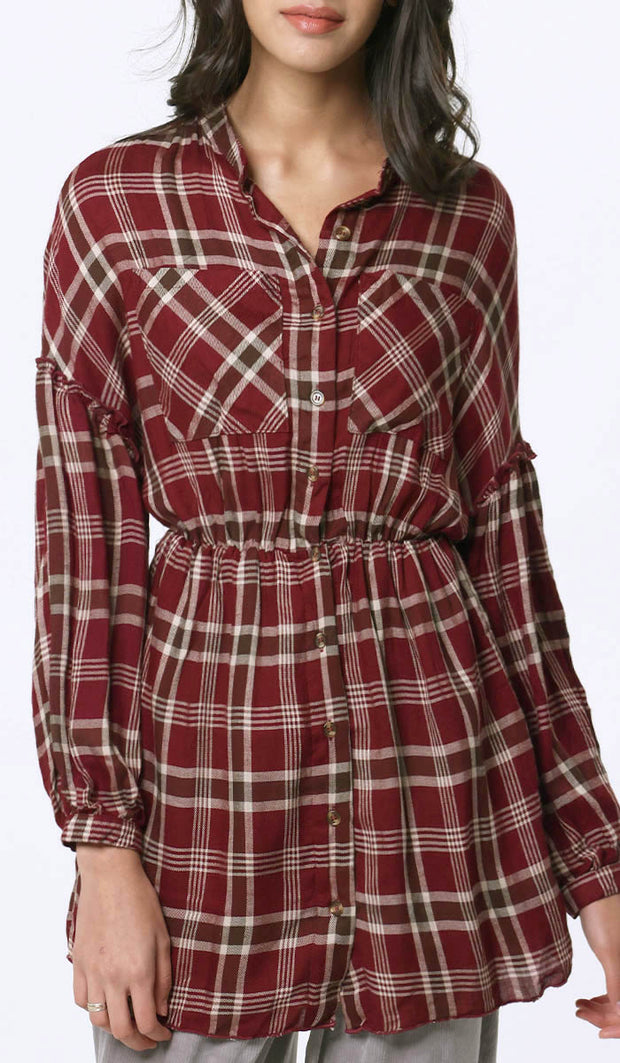Dina Long Plaid Ruffle Sleeve Tunic Dress - Maroon - FINAL SALE
