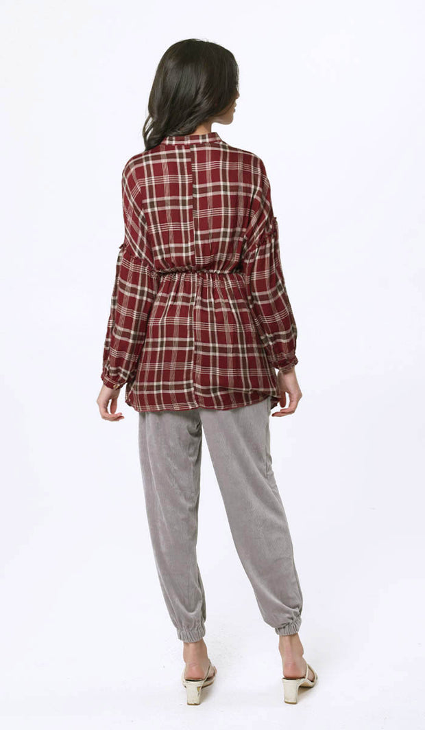 Dina Long Plaid Ruffle Sleeve Tunic Dress - Maroon - FINAL SALE