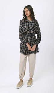 Dina Long Plaid Ruffle Sleeve Tunic Dress - Navy - FINAL SALE