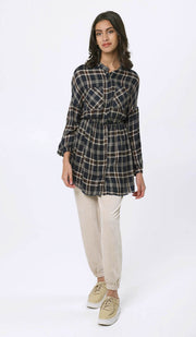 Dina Long Plaid Ruffle Sleeve Tunic Dress - Navy - FINAL SALE