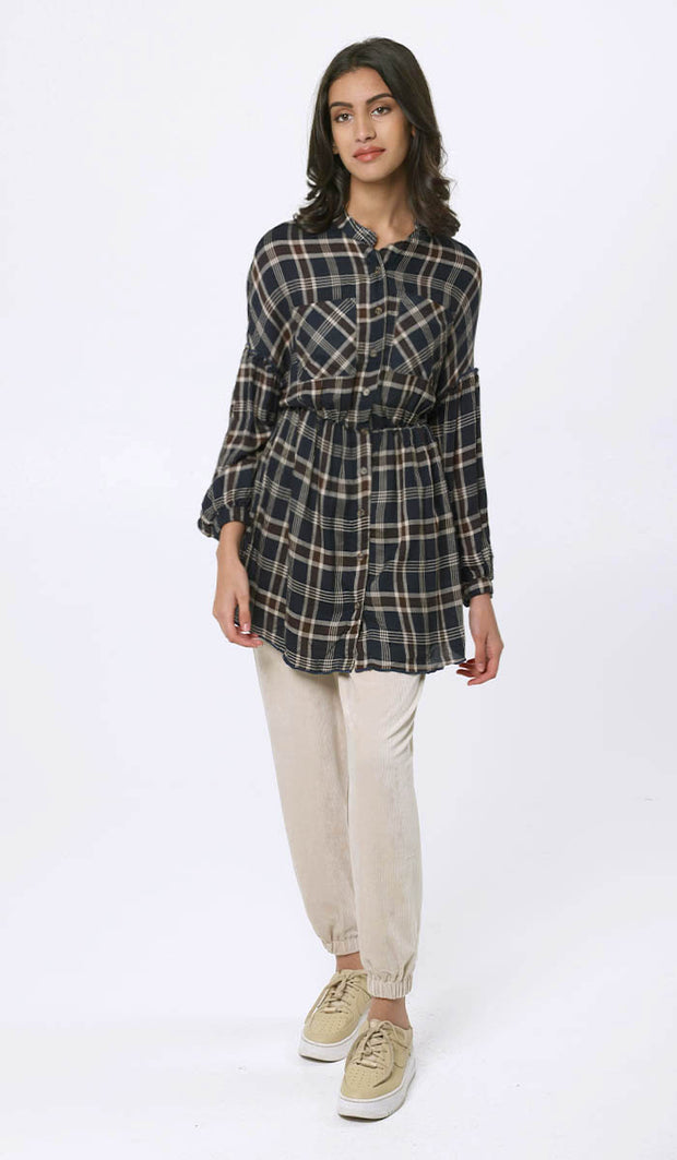 Dina Long Plaid Ruffle Sleeve Tunic Dress - Navy - FINAL SALE
