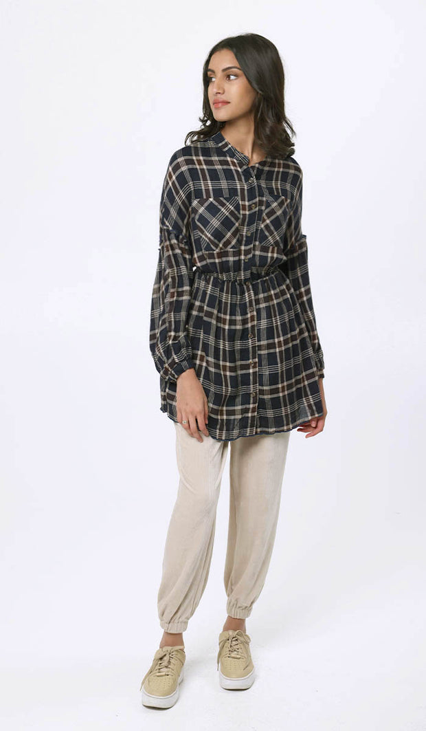 Dina Long Plaid Ruffle Sleeve Tunic Dress - Navy - FINAL SALE
