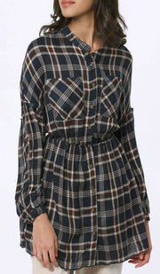 Dina Long Plaid Ruffle Sleeve Tunic Dress - Navy - FINAL SALE