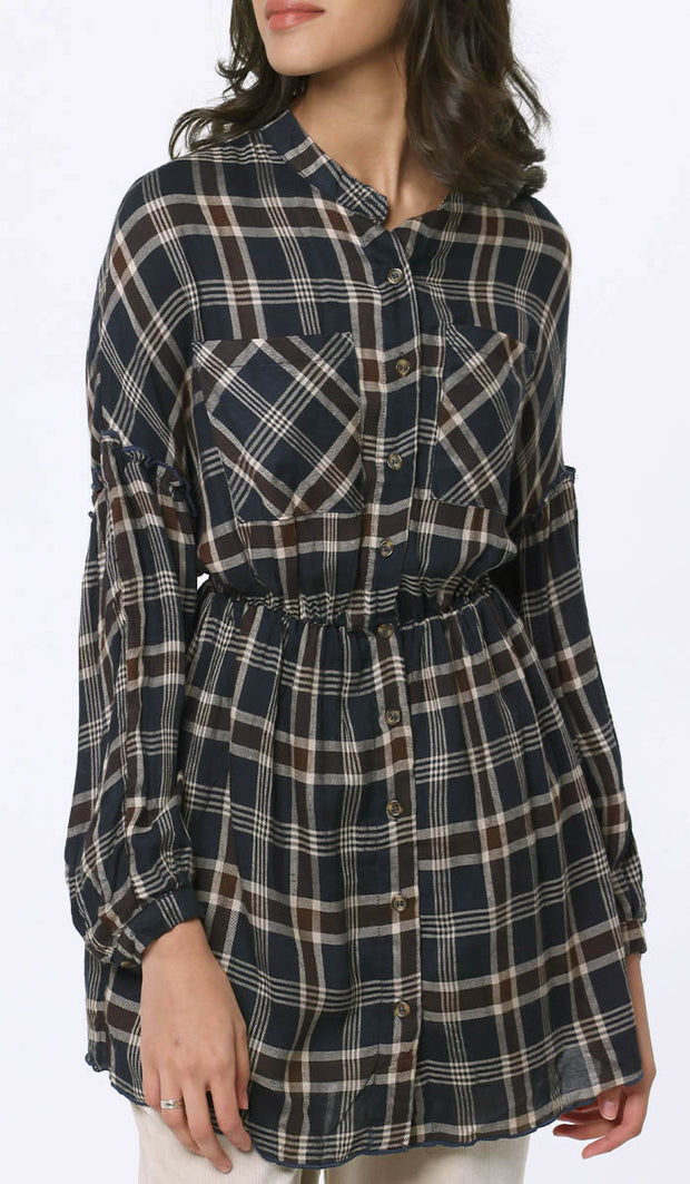 Dina Long Plaid Ruffle Sleeve Tunic Dress - Navy - FINAL SALE