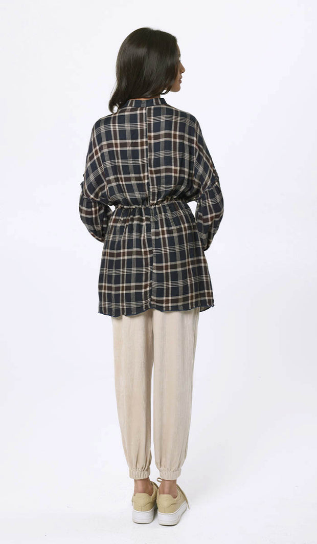 Dina Long Plaid Ruffle Sleeve Tunic Dress - Navy - FINAL SALE