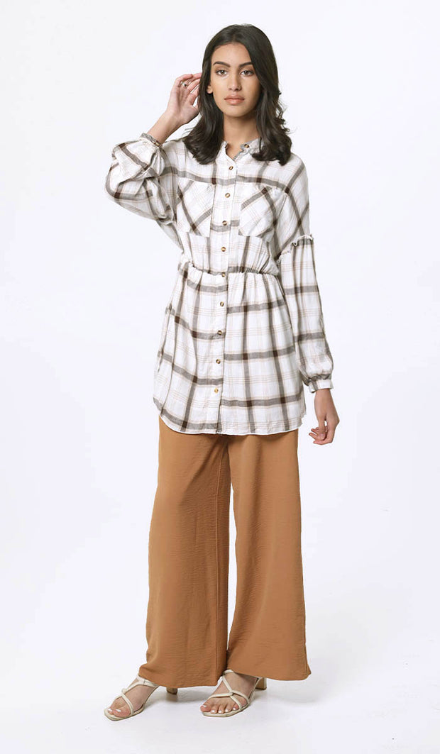 Dina Long Plaid Ruffle Sleeve Tunic Dress - Off White - FINAL SALE
