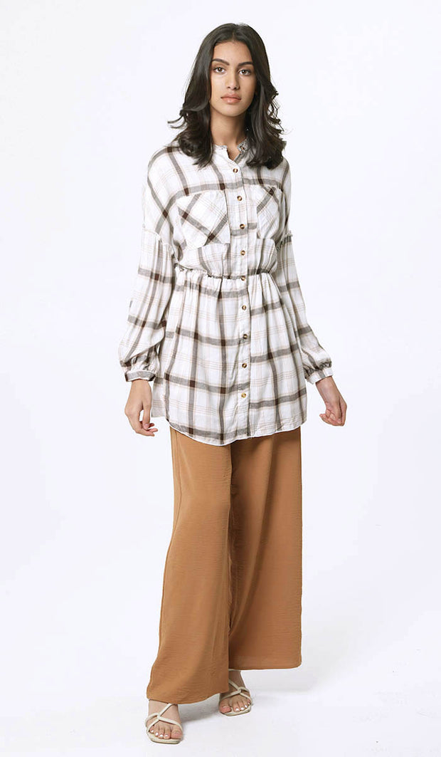 Dina Long Plaid Ruffle Sleeve Tunic Dress - Off White - FINAL SALE