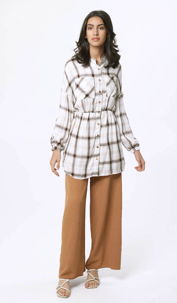 Dina Long Plaid Ruffle Sleeve Tunic Dress - Off White - FINAL SALE