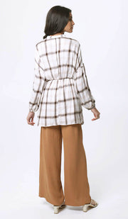 Dina Long Plaid Ruffle Sleeve Tunic Dress - Off White - FINAL SALE