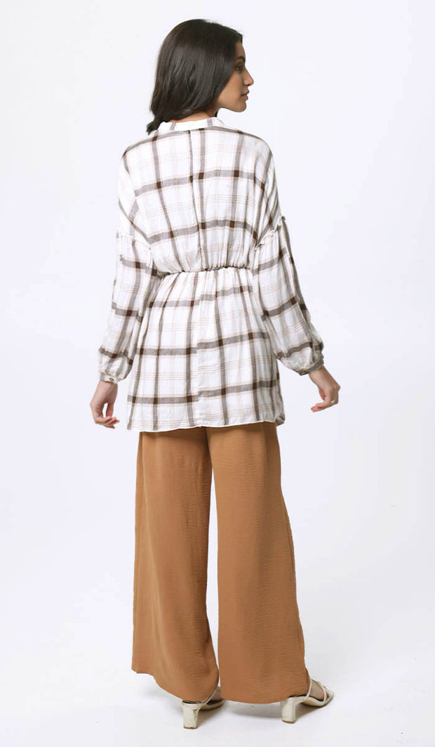 Dina Long Plaid Ruffle Sleeve Tunic Dress - Off White - FINAL SALE