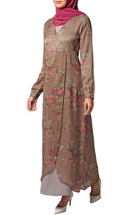 Esra Floral Print Chiffon Maxi Dress Abaya - Bronze