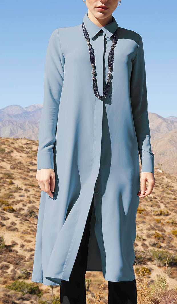 Farda Long Flowy Buttondown Shirt Jacket - Dusty Blue - FINAL SALE