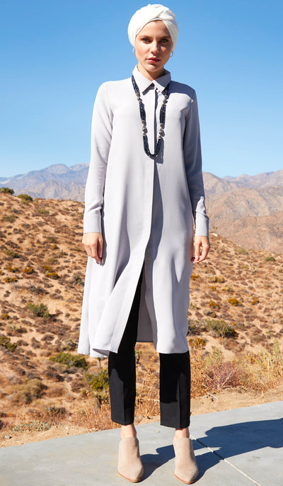 Farda - Veste chemise longue fluide boutonnée - Gris clair