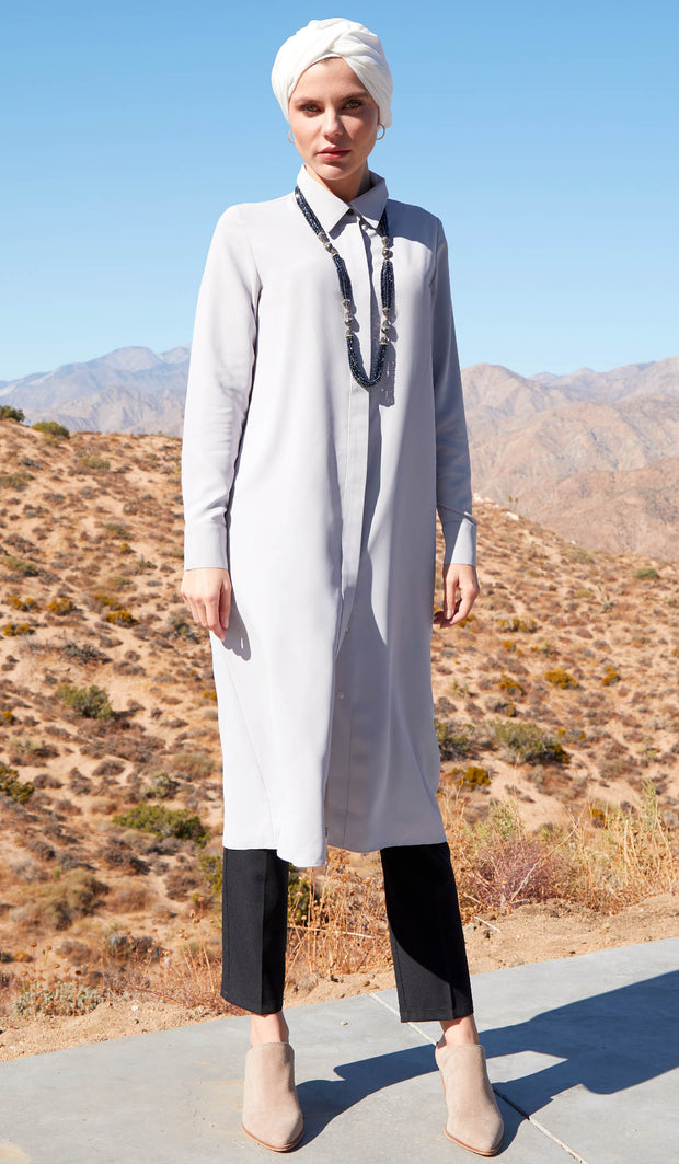 Farda Long Flowy Buttondown Shirt Jacket - Light Gray