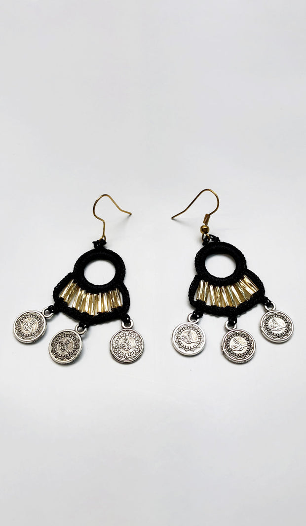Fatima Handmade Lace Chandelier Earrings - Black/ Gold