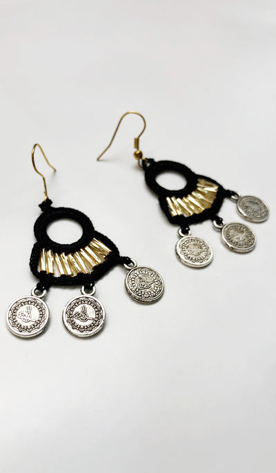Fatima Handmade Lace Chandelier Earrings - Black/ Gold