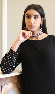 Fatima Handmade Lace Chandelier Earrings - Black/ Gold