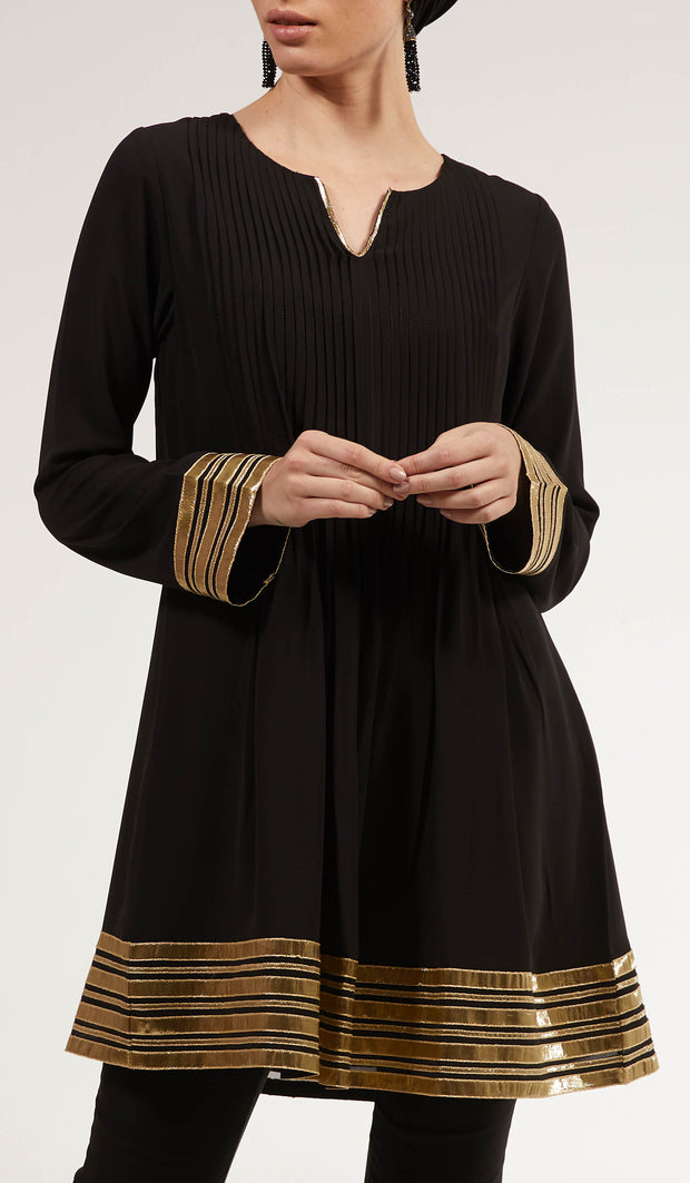 Gold Embellished Long Modest Tunic - Black