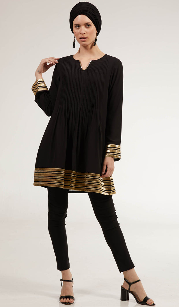 Gold Embellished Long Modest Tunic - Black