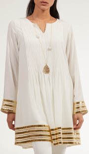 Gold Embellished Long Modest Tunic - Off White