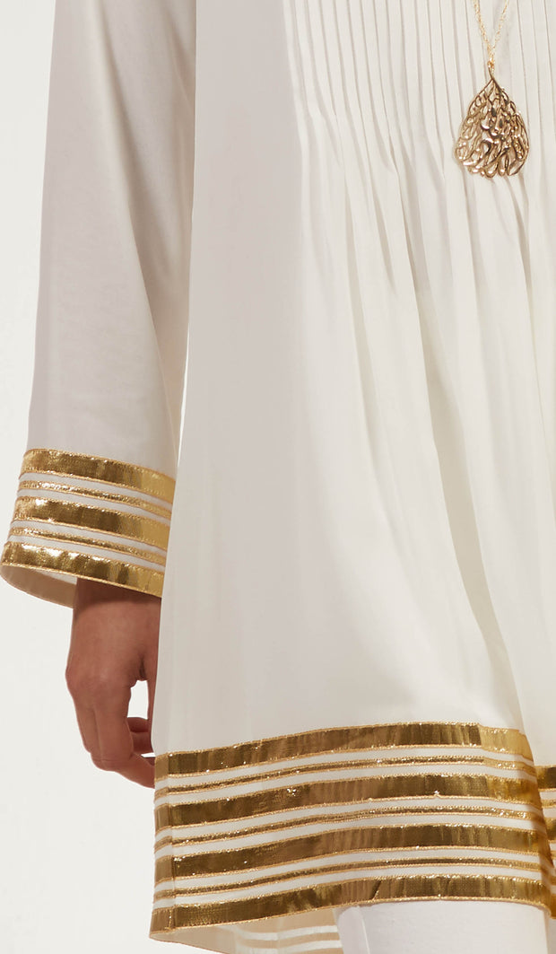 Gold Embellished Long Modest Tunic - Off White