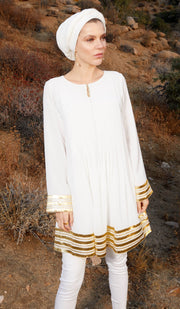 Gold Embellished Long Modest Tunic - Off White