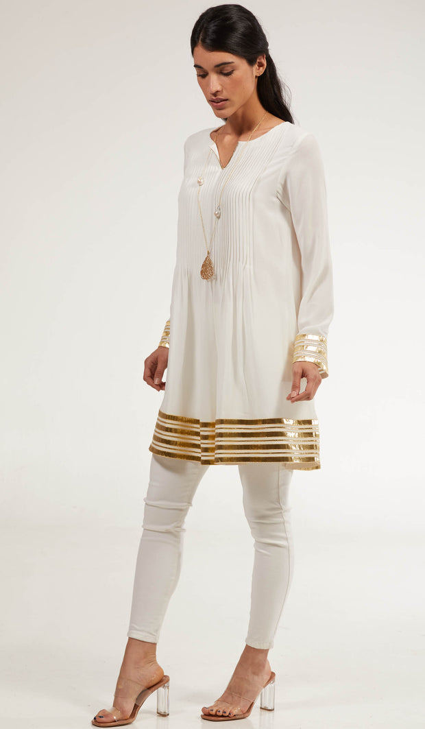 Gold Embellished Long Modest Tunic - Off White