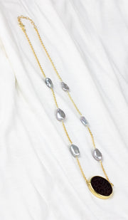 Gold plated Sterling Silver Hand Engraved Aqeeq and Gray Pearl Muhammed Necklace