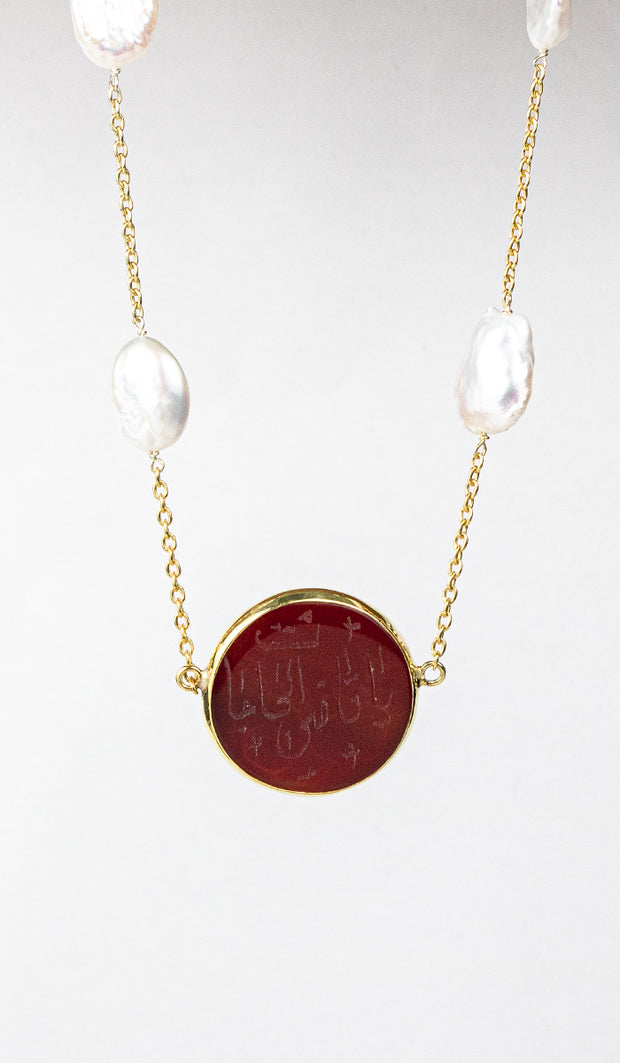 Gold plated Sterling Silver Hand Engraved Aqeeq and White Pearl Necklace