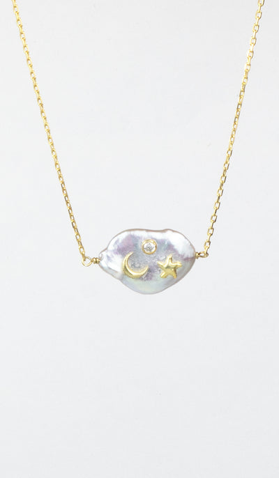 Gold plated Sterling Silver and White Baroque Pearl Crescent and Star Necklace