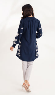 Golnar Embroidered Long Modest Tunic - Navy